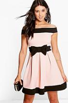 Boohoo Denise Bow Detail Bardot Skater Dress