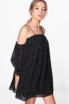 Boohoo Aleesha Polka Dot Angel Sleeve Swing Dress