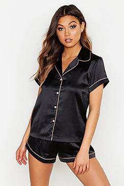 Boohoo Satin Contrast Piping Pj Short Set
