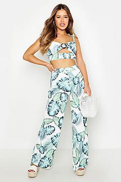 Boohoo Petite Palm Print Wide Leg Trouser