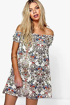 Boohoo Reea Floral Print Off The Shoulder Dress