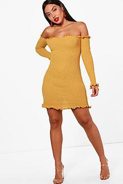 Boohoo Lettuce Hem Rib Knit Long Sleeve Dress
