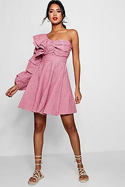 Boohoo Twist Front One Shoulder Skater Dress