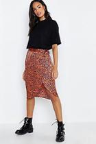 Boohoo Tall Leopard Print Satin Wrap Midi Skirt