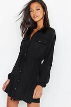 Boohoo Linen Look Horn Button Utility Shirt Dress