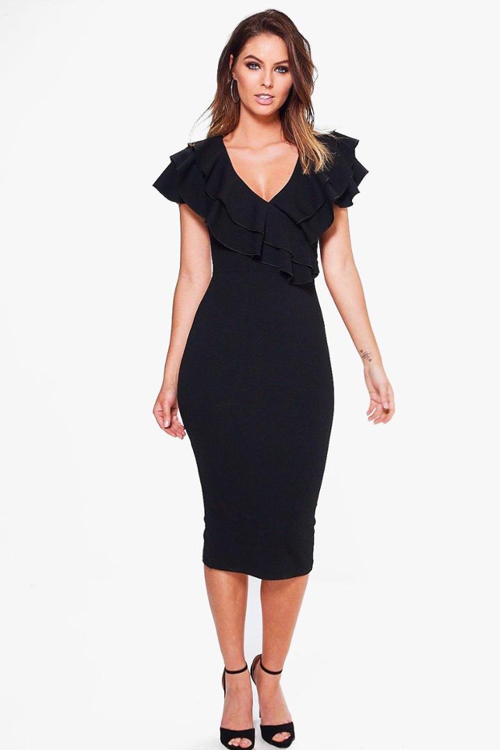 Boohoo Lucy Frill Wrap Detail Midi Bodycon Dress Black