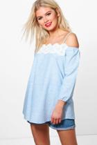 Boohoo Emilia Stripe Crochet Trim Woven Top Blue