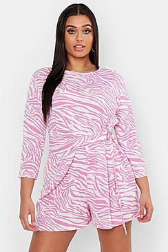 Boohoo Plus Zebra Print Belted Playsuit