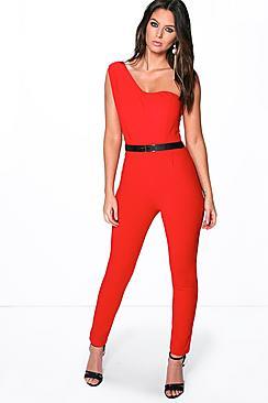 Boohoo Diana Structured One Shoulder Belted Jumpsuit