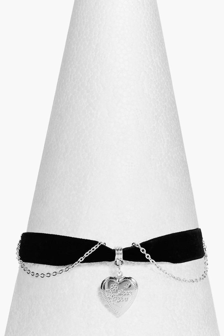 Boohoo Mia Velvet Heart Locket Layered Choker Silver