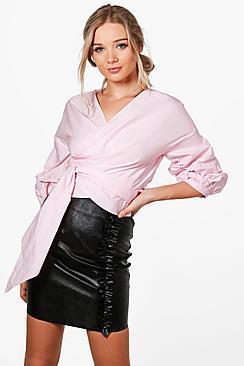 Boohoo Olivia Ruched Sleeve Wrap Shirt