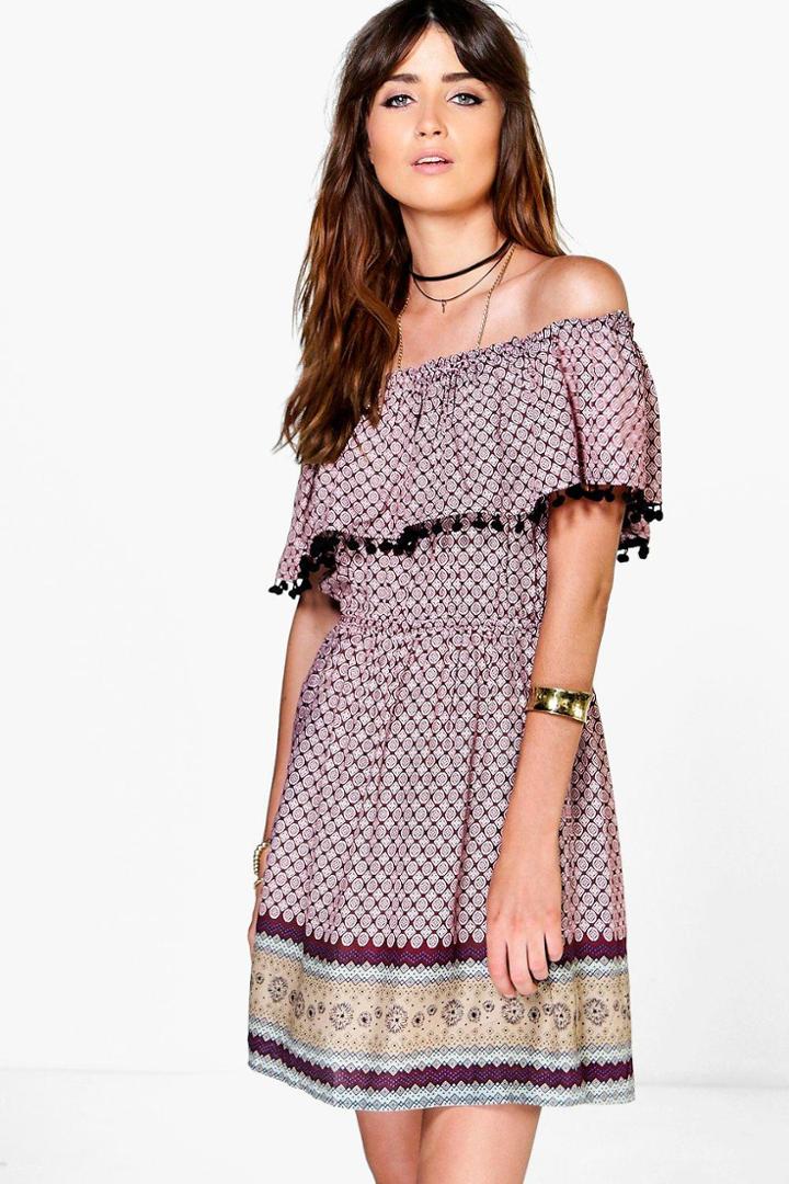 Boohoo Ella Paisley Border Print Pom Pom Skater Dress Berry