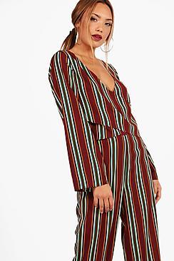 Boohoo Hannah Stripe Wide Sleeve Wrap Top