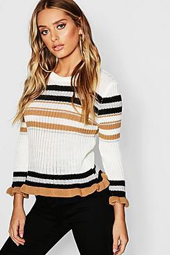Boohoo Stripe Lettuce Hem Jumper