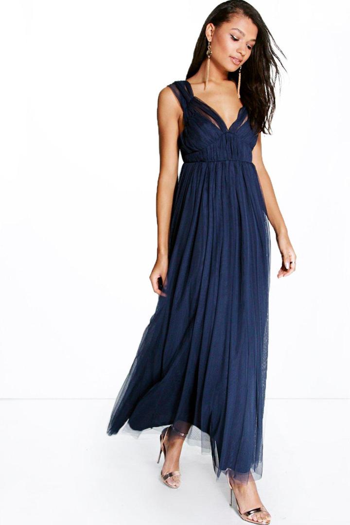 Boohoo Boutique Anya Seam Detail Tulle Maxi Dress Navy