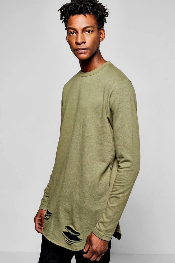 Boohoo Distressed Curve Hem Sweater With Thumb Hole Khaki