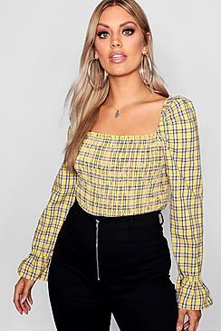 Boohoo Plus Check Shirred Detail Top