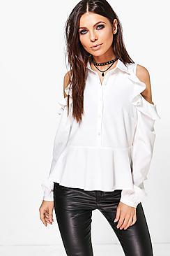 Boohoo Esme Ruffle Sleeve Cold Shoulder Shirt