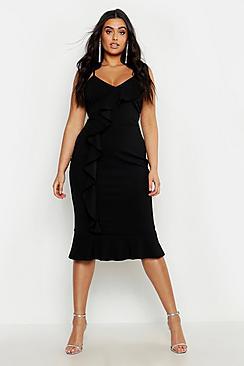 Boohoo Plus V Neck Ruffle Front & Hem Midi Dress