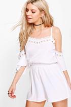 Boohoo Claire Crochet Trim Open Shoulder Playsuit White