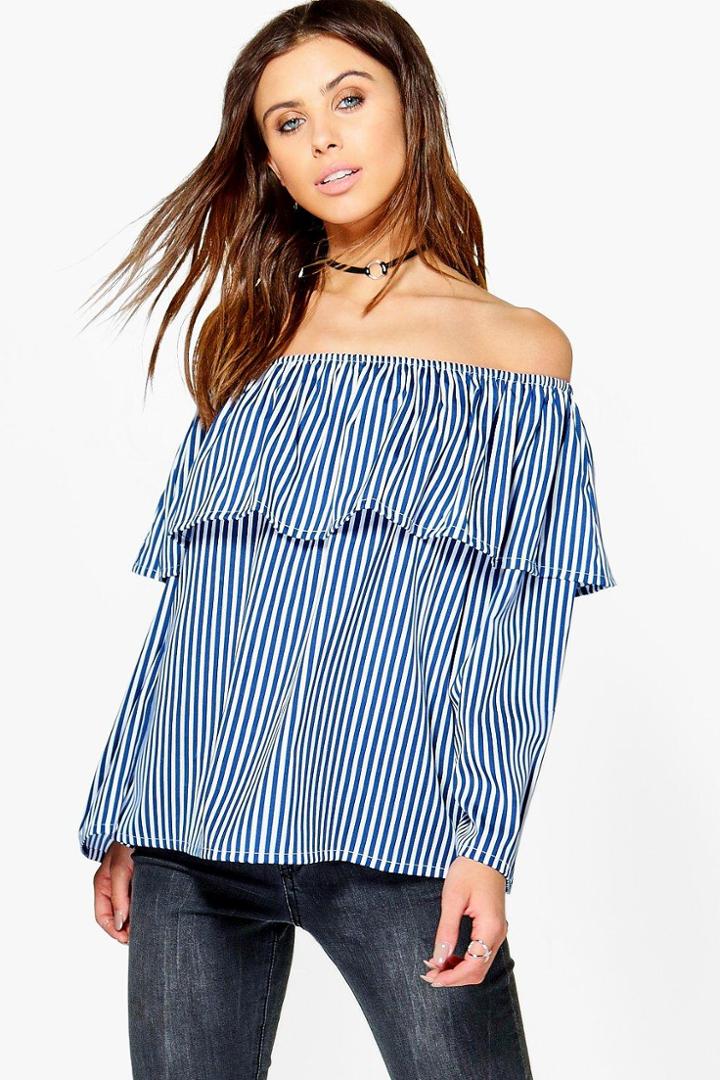 Boohoo Petite Clara Stripe Ruffle Off The Shoulder Top Multi