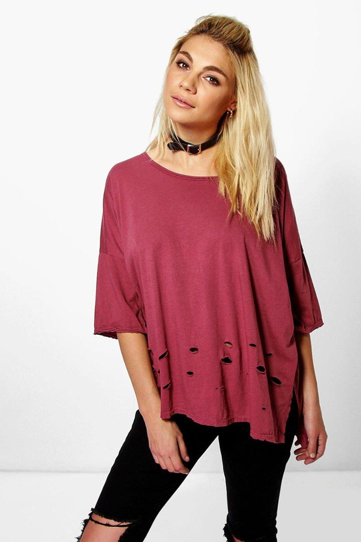 Boohoo Becca Distressed Detail Tee Wine