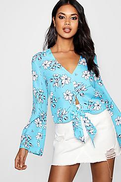 Boohoo Jessie V Neck Tie Front Flared Sleeve Top