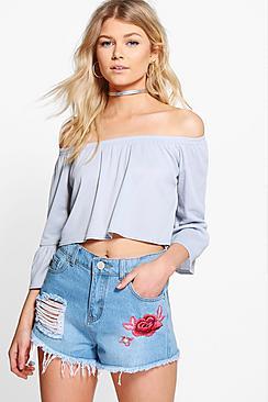 Boohoo Petite Georgia Rib Bardot Frill Sleeve Top