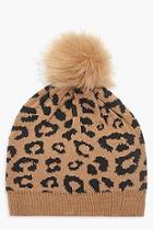 Boohoo Leopard Faux Fur Pom Beanie