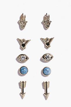 Boohoo Natalia Arrow And Hamsa Stud 5 Earring Pack