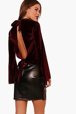 Boohoo Petite Emma Tie Back Velvet Top