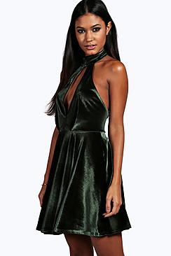 Boohoo Maya Velvet Cut Out Plunge Skater Dress