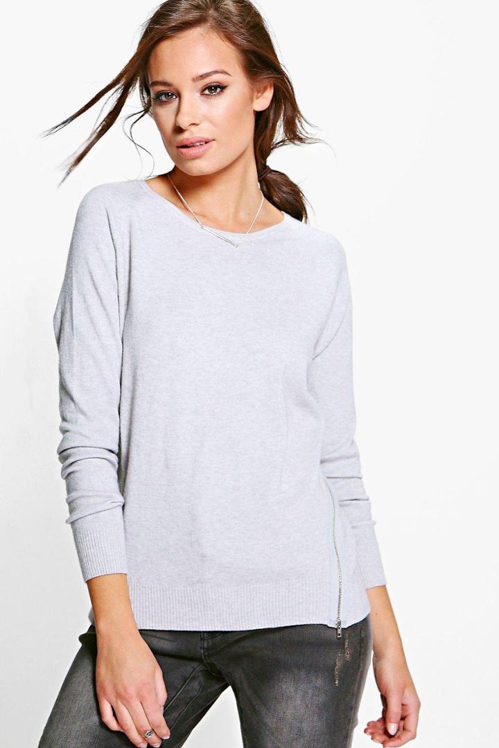 Boohoo Brooke Long Sleeve Knitted Top With Zips Grey