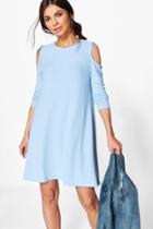 Boohoo Lily Cold Shoulder Soft Knit Rib Swing Dress Bluebell
