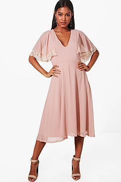 Boohoo Lace Trim Midi Skater Dress
