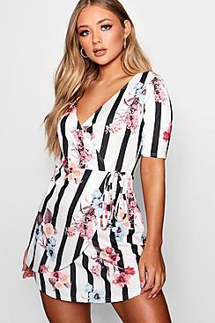 Boohoo Evie Floral Stripe Wrap Tie Detail Dress