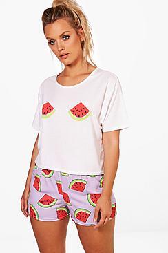 Boohoo Plus Kerry Melon Printed Top And Shorts Pj Set