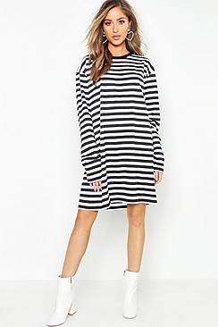 Boohoo Cotton Long Sleeve Stripe T-shirt Dress