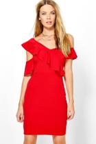 Boohoo Jess Frill Off Shoulder Detail Bodycon Dress Red