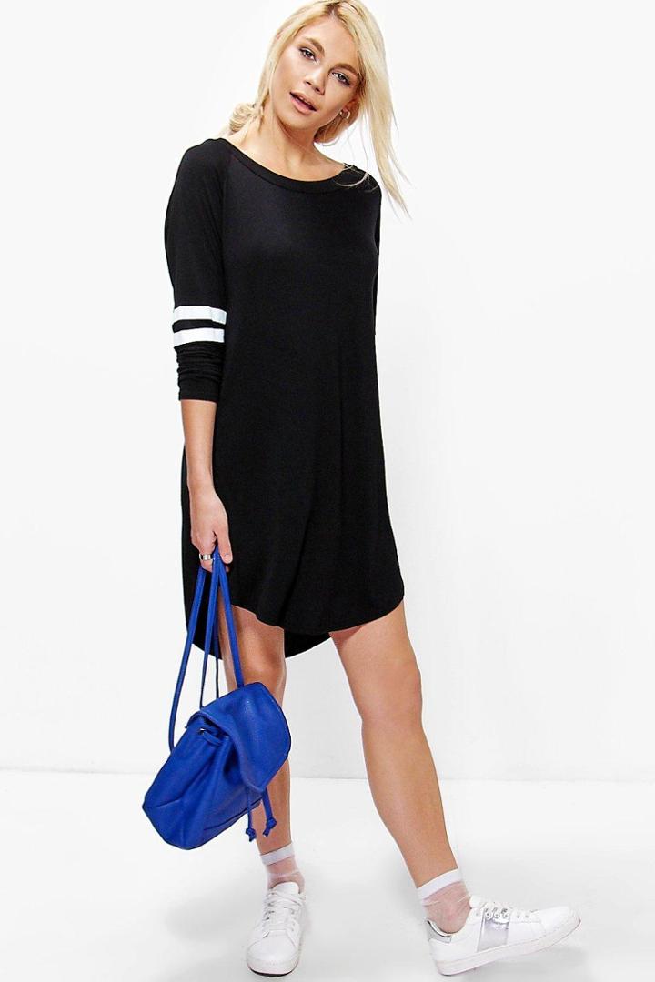Boohoo Elisha Long Sleeve Baseball Shift Dress Black