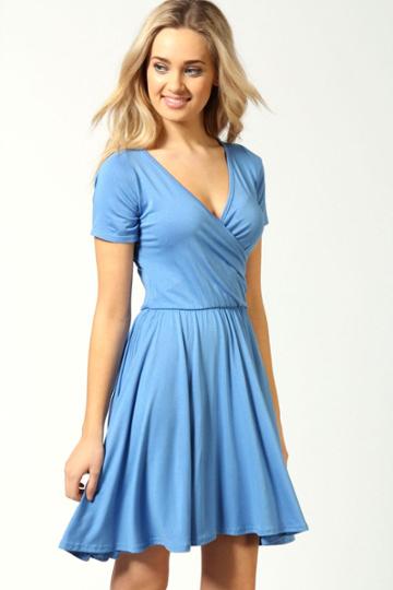 Boohoo Ashley Wrap Over Cap Sleeve Skater Dress - Denim-blue