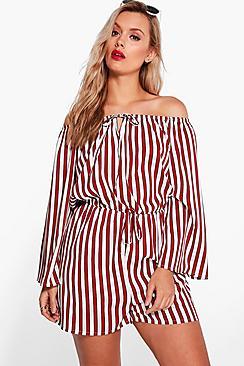 Boohoo Plus Katie Striped Off The Shoulder Playsuit