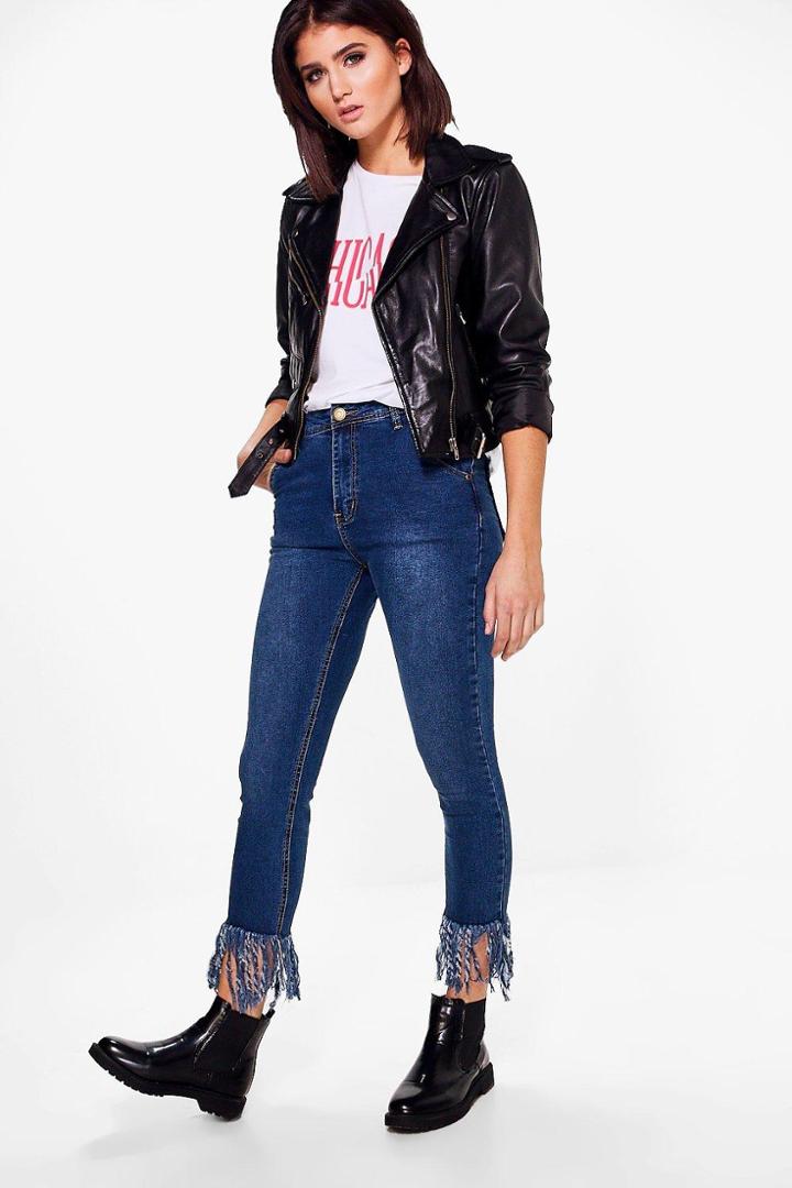 Boohoo Mia Tassel Hem Ankle Grazer Skinny Jeans Indigo