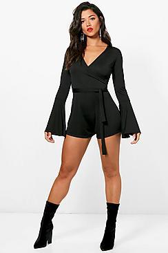 Boohoo Jaqueline Flare Sleeve Wrap Playsuit