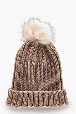 Boohoo Stone Rib Faux Fur Pom Beanie