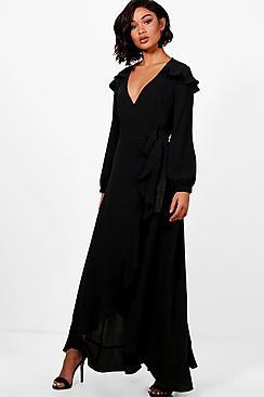 Boohoo Lucy Ruffle Shoulder Wrap Maxi Dress