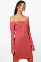 Boohoo Amber Off The Shoulder Zip Up Rib Dress Rose