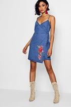 Boohoo Lo Rose Embroidered Wrap Front Denim Dress