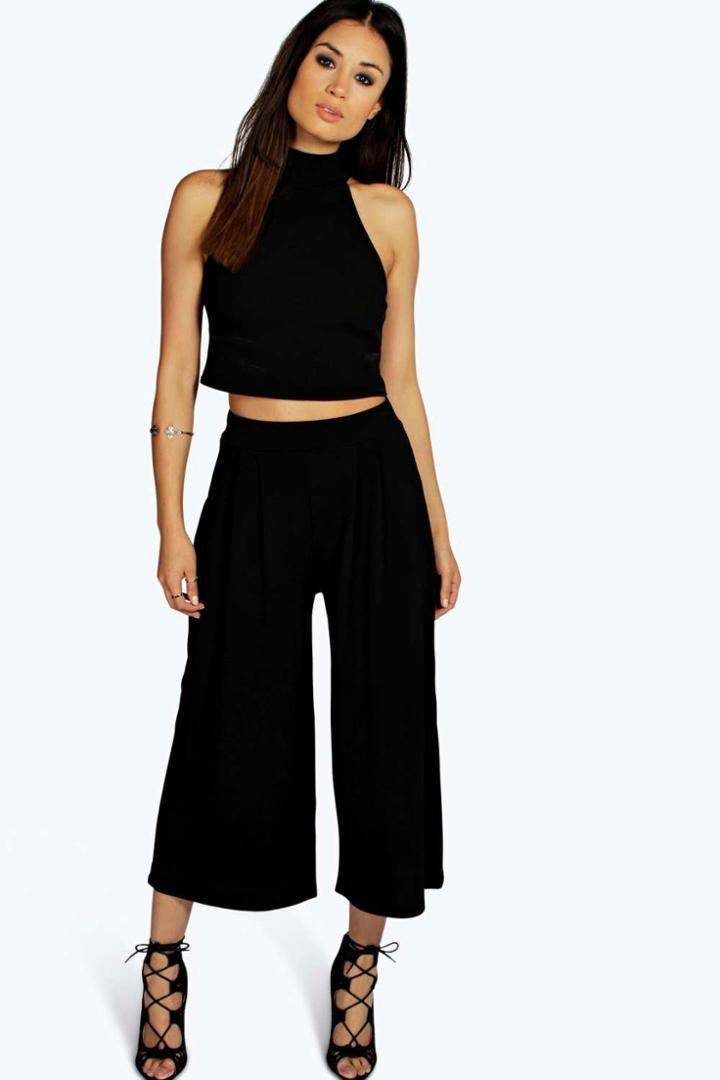 Boohoo Rose High Neck Crop & Culotte Co-ord Set Black