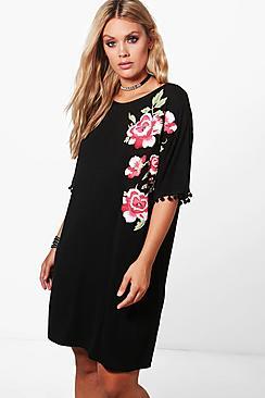 Boohoo Plus Emma Embroidered Pom Pom Shirt Dress
